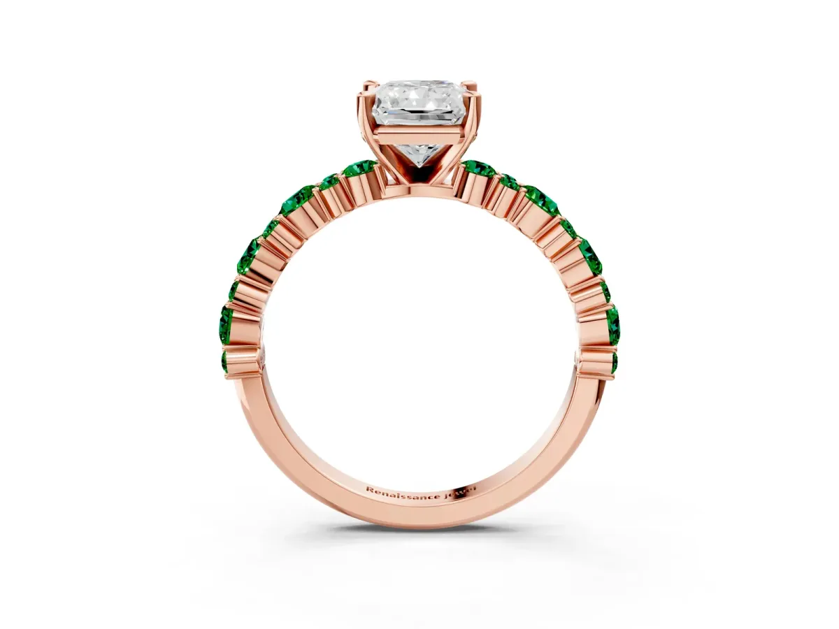 Radiant Cut Diamond Side Stone Solitaire Ring with Round Emerald and Four-Prong Setting Rose gold