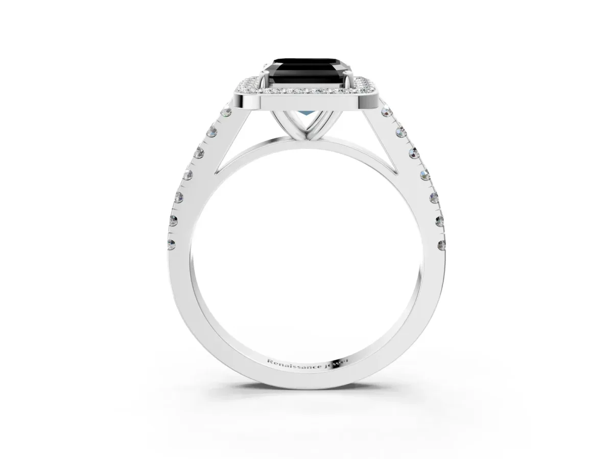 Fancy Black Asscher Cut Diamond Halo Ring with Round Pavé Split Shank and Prong Setting Platinum