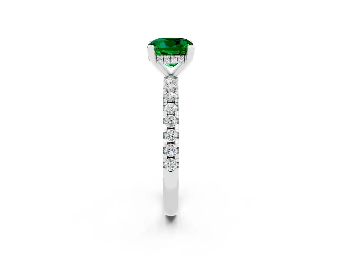 Cushion Cut Emerald Solitaire Ring with Round Pavé Band and Four-Prong Setting Silver