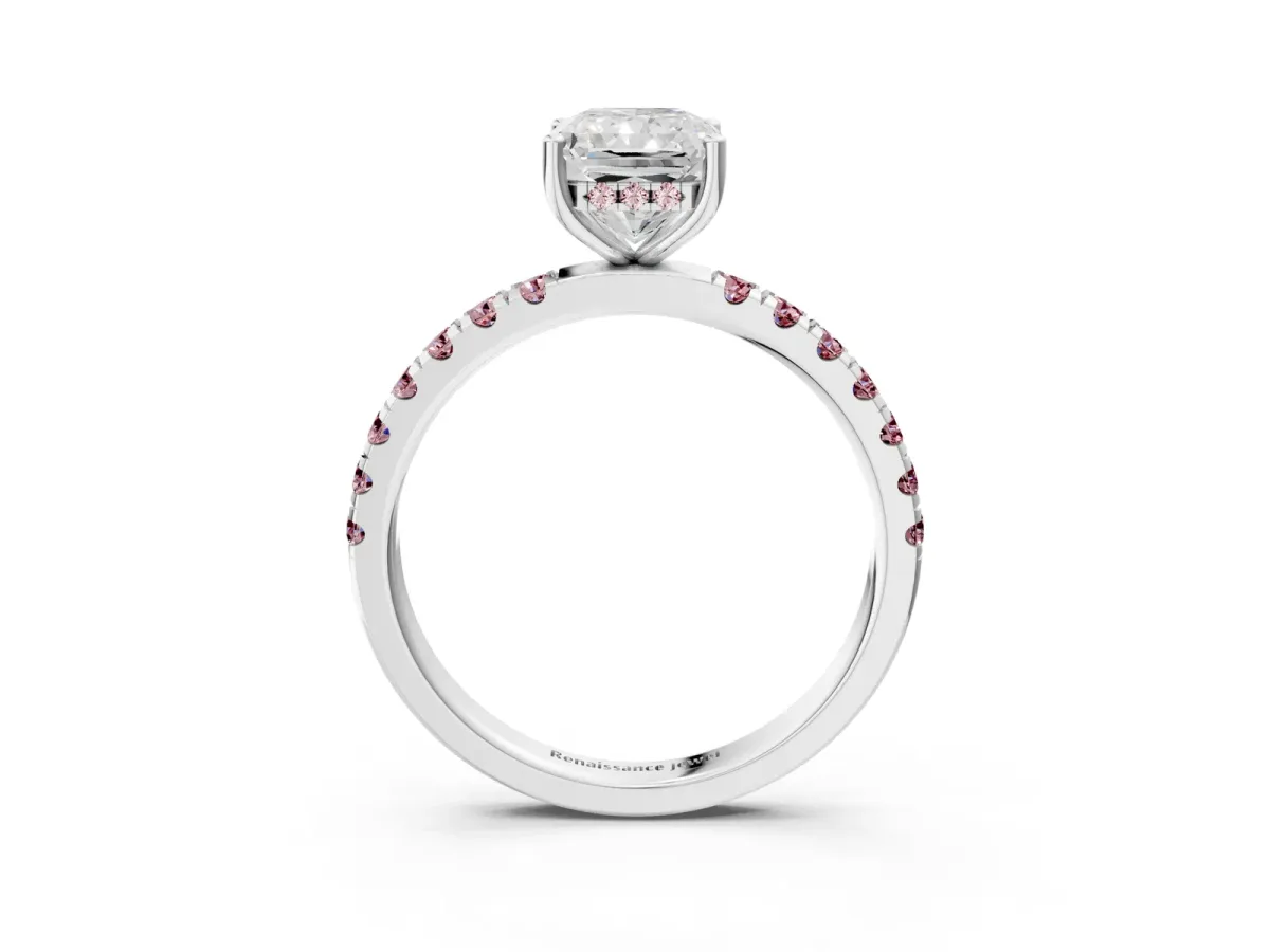 Radiant Cut Diamond Pave Band Solitaire Ring with Round Morganite and Prong Setting Silver