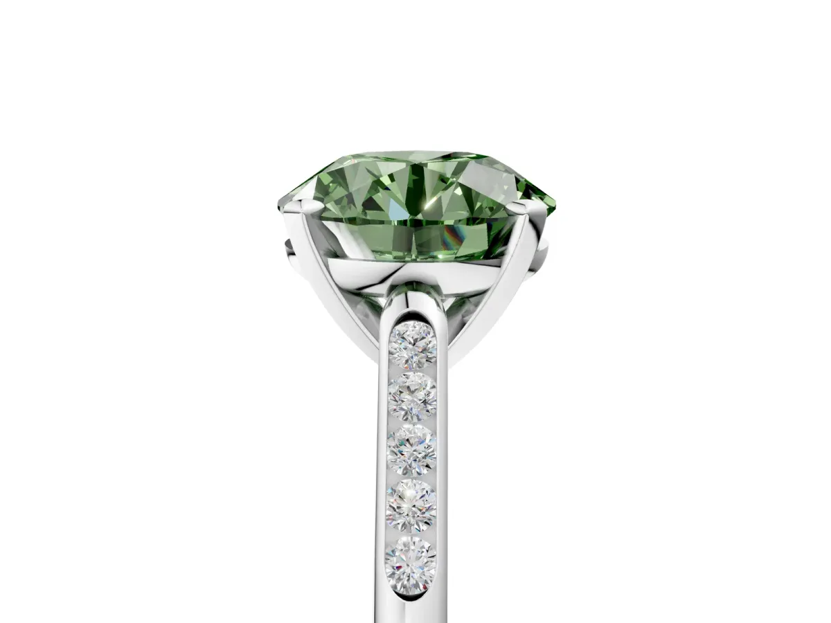 Fancy Green Round Cut Diamond Solitaire Ring with Channel Set Round Band and Prong Setting Silver