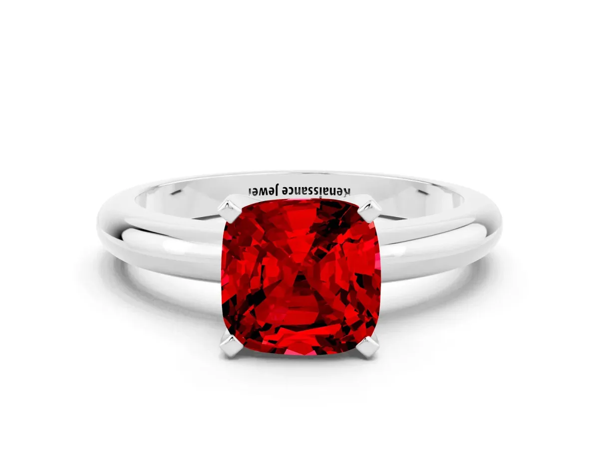 Cushion Cut Ruby Solitaire Engagement Ring with Round Band and Four-Prong Setting Platinum
