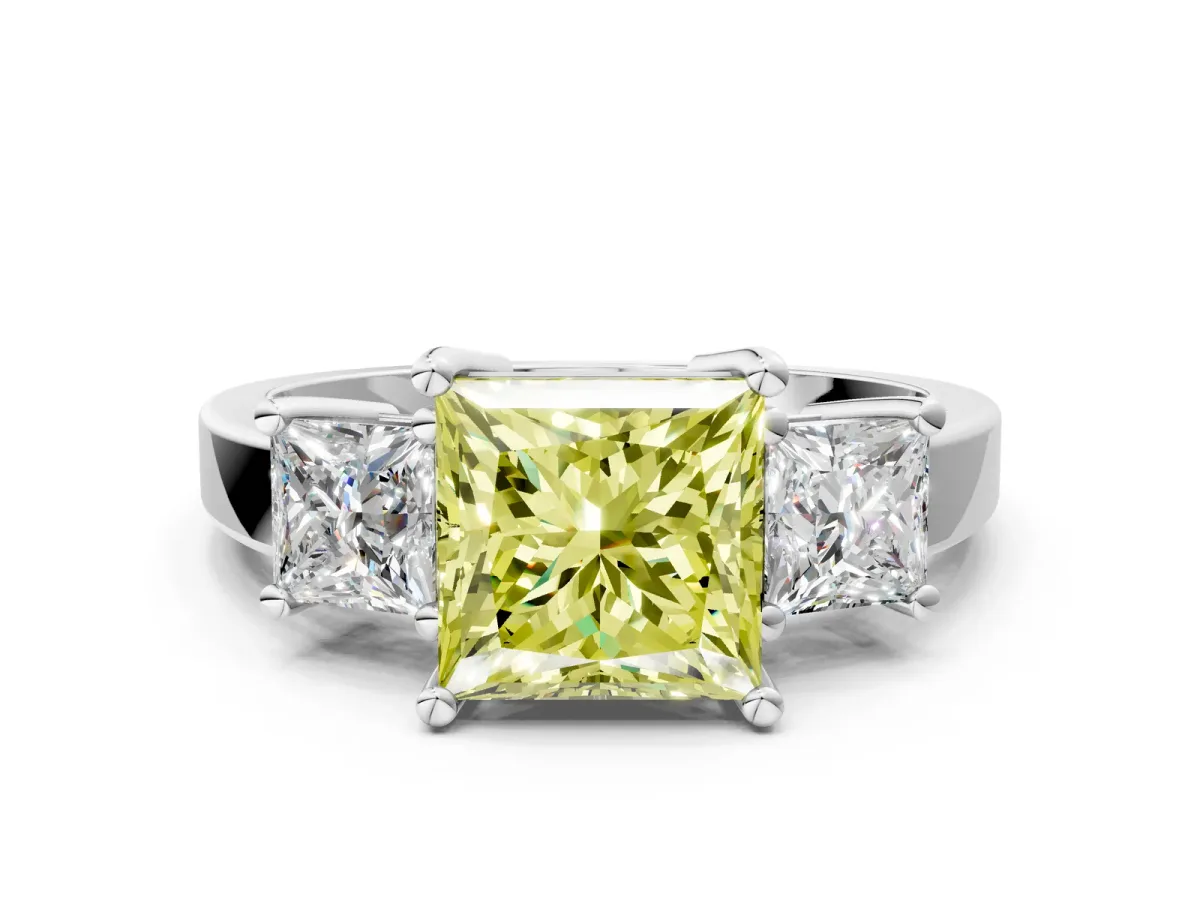 Fancy Yellow Three-Stone Princess Cut Cut Solitaire Ring with Prong Setting Platinum
