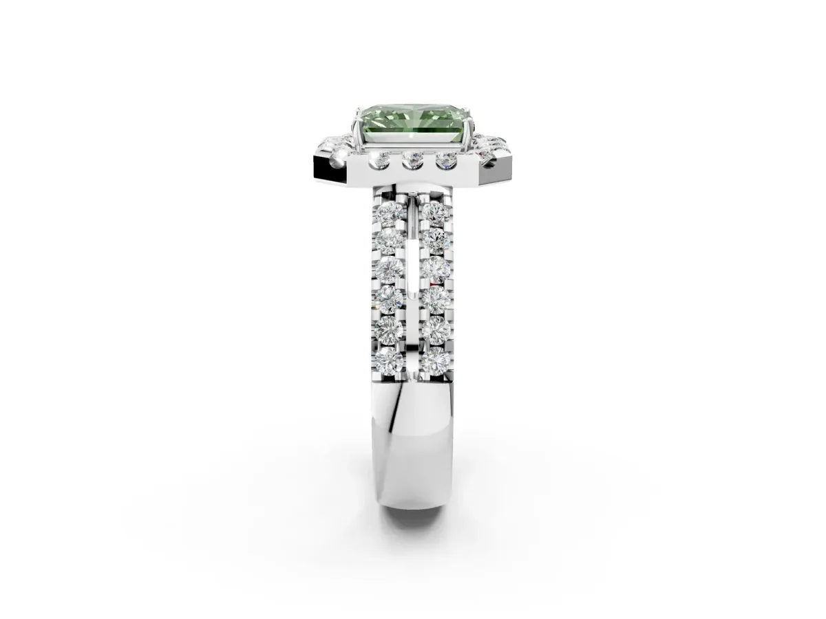Fancy Green Radiant Cut Halo Diamond Split Shank Engagement Ring with Prong Setting Platinum