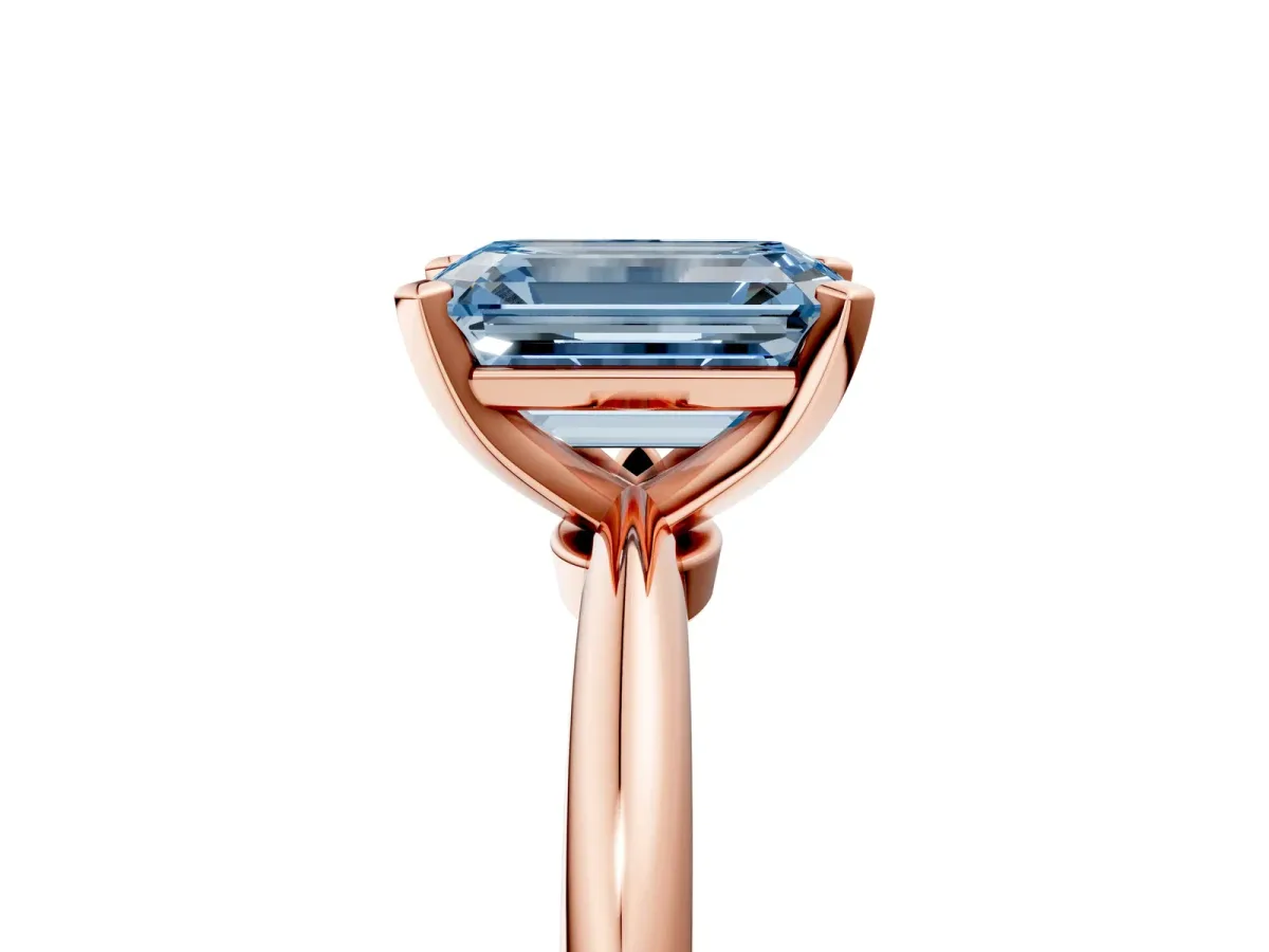 Fancy Blue Emerald Cut Diamond Solitaire Ring with Six-Prong Setting and Classic Band Rose gold