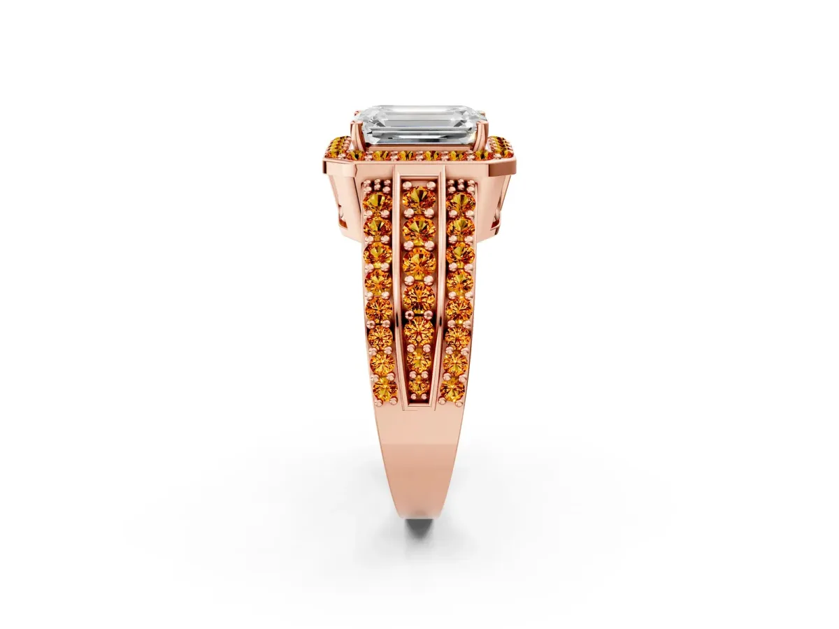 Emerald Cut Halo Diamond Ring with Round Citrine Split Shank and Prong Setting Rose gold