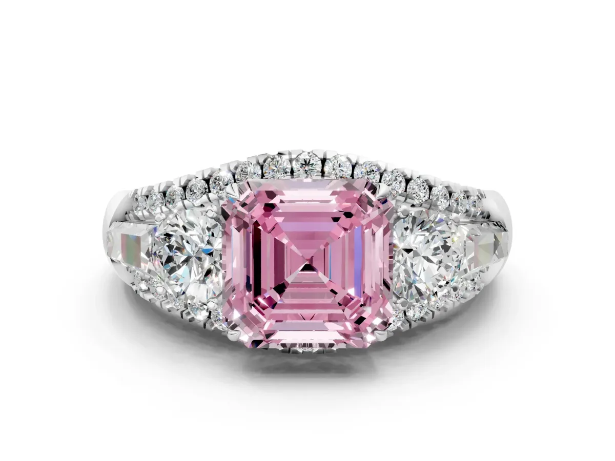 Fancy Pink Three-Stone Asscher Cut Diamond Engagement Ring with Pave Band and Prong Setting Platinum