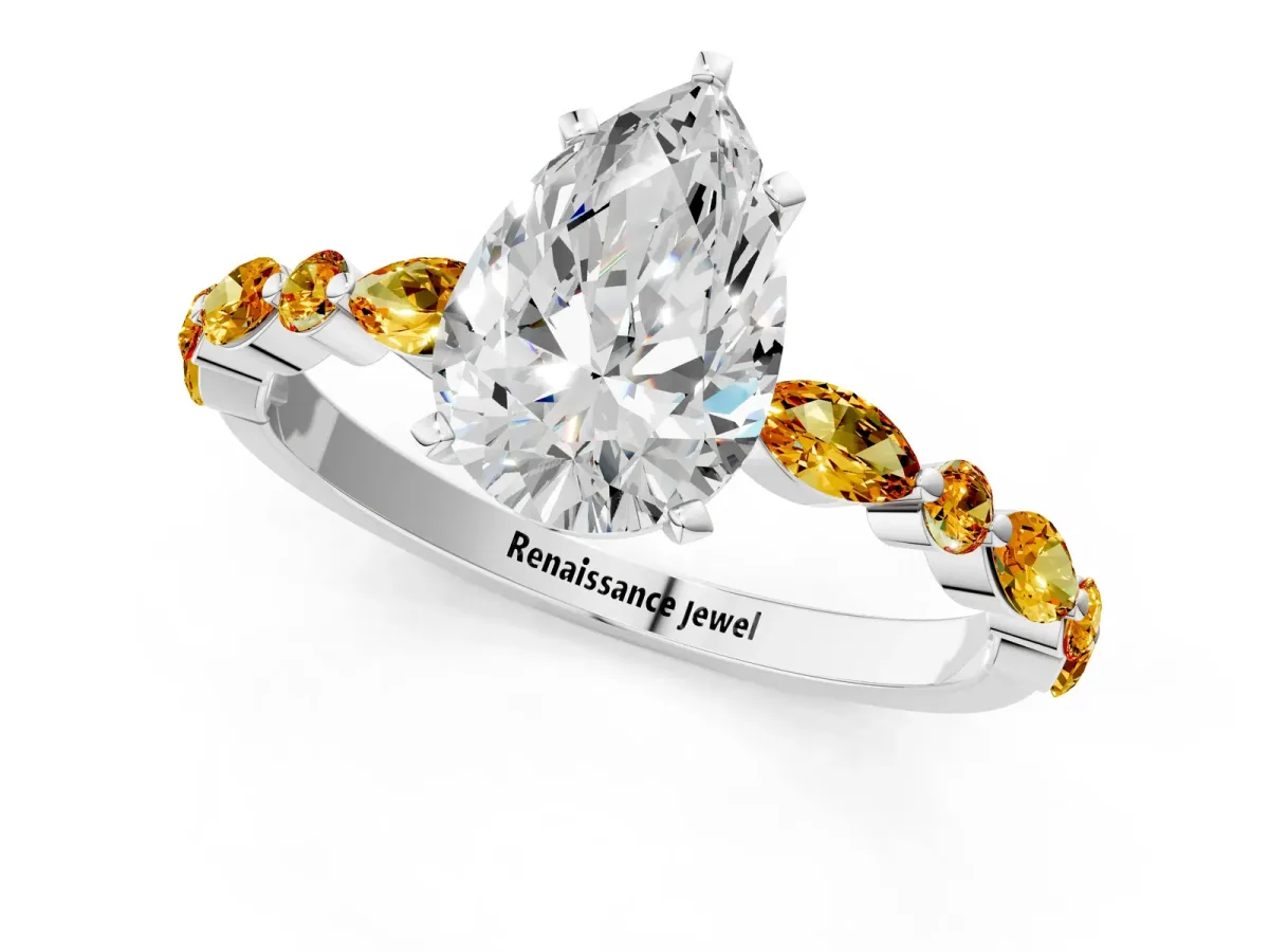 Pear Cut Diamond Ring with Marquise and Round Citrine Side Stones and Four-Prong Setting Silver