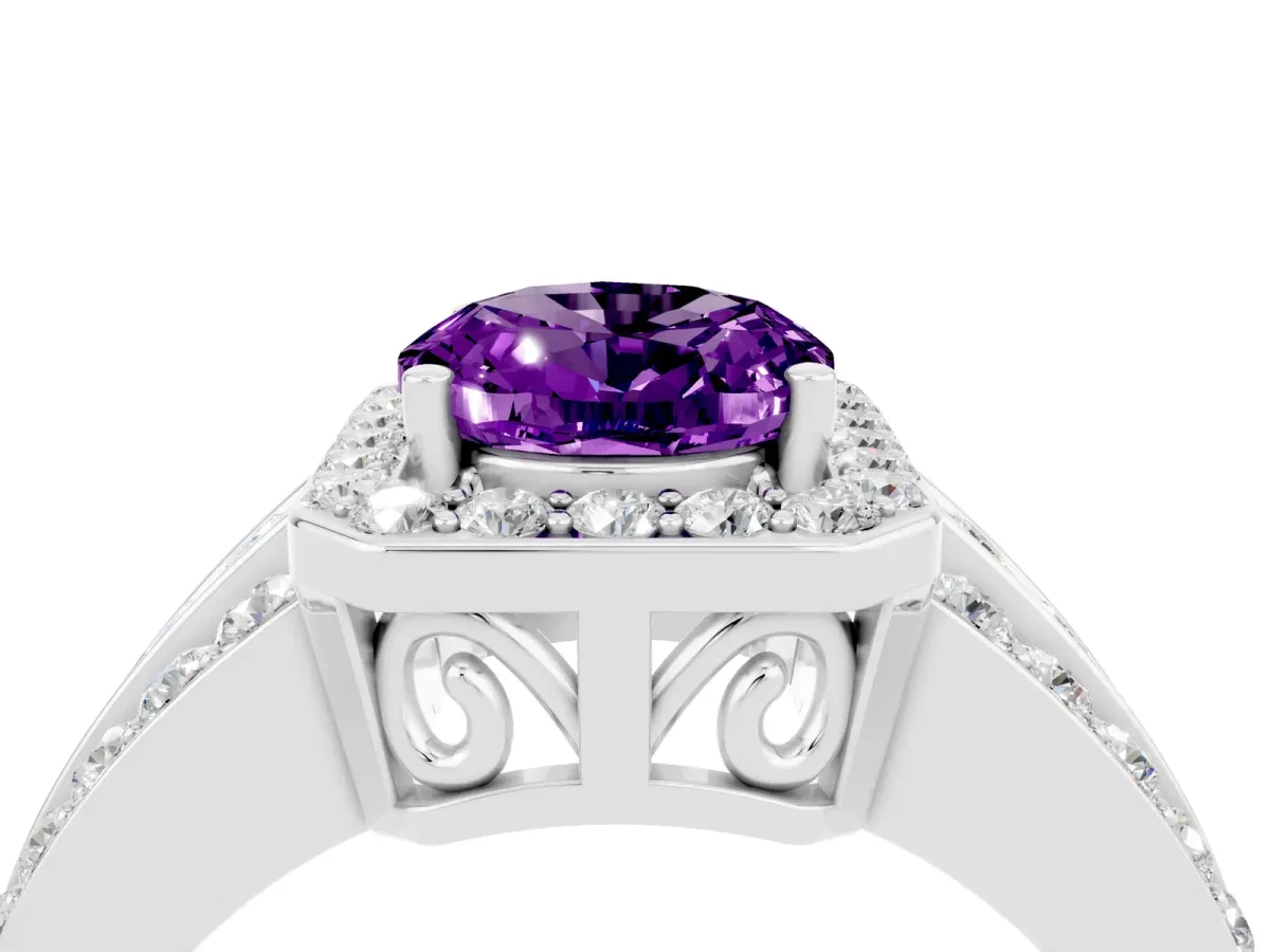 Oval Cut Halo Amethyst Ring with Round Split Shank and Prong Setting Silver