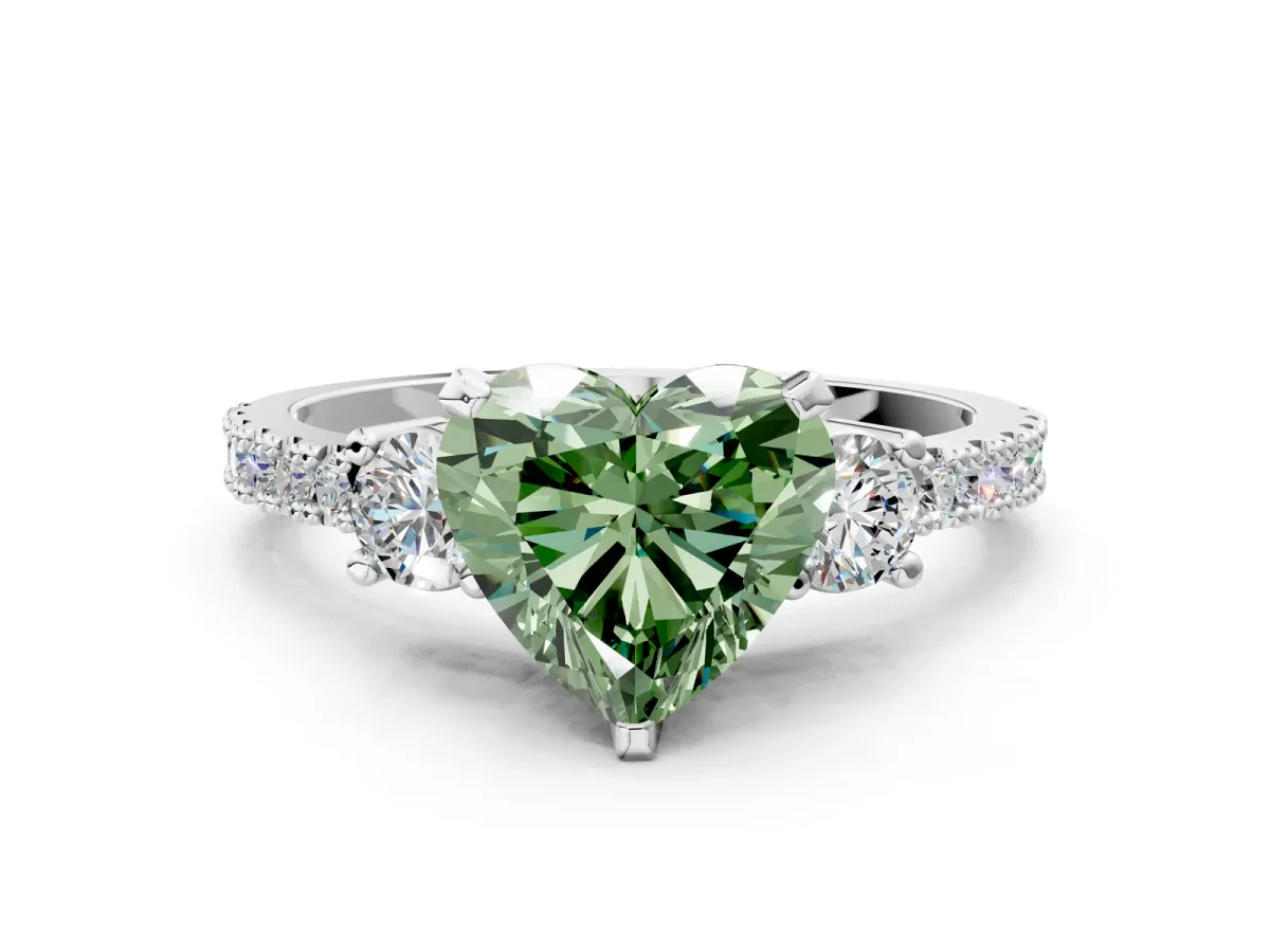 Fancy Green Heart Cut Cut Three-Stone Diamond Pavé Band with Prong Setting Platinum