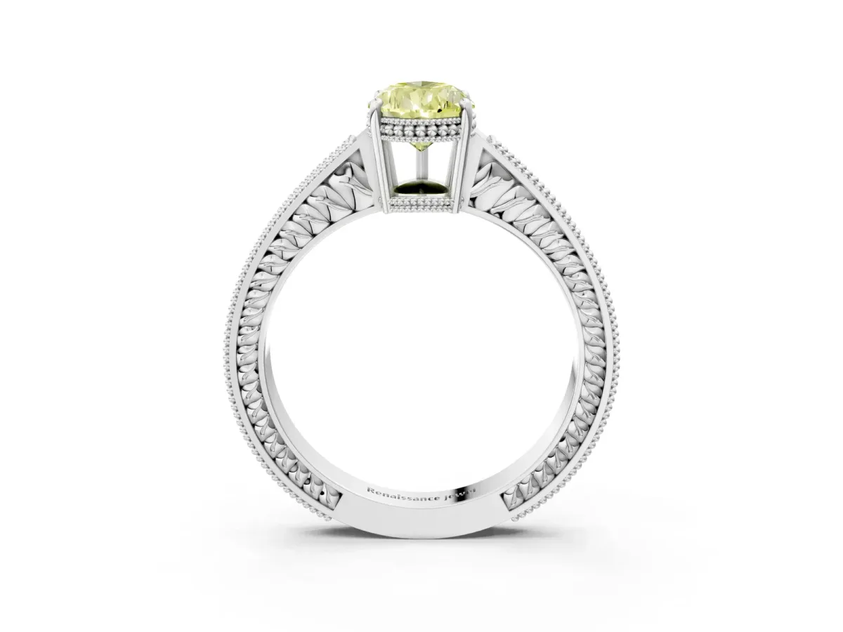 Fancy Yellow Pear Cut Diamond Ring with Milgrain Pavé Band and Four-Prong Setting Platinum