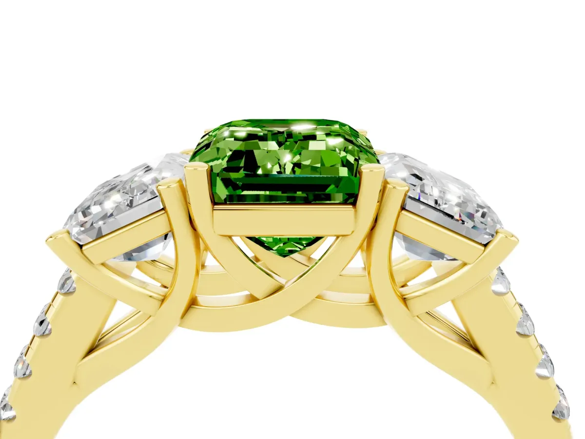 Three-Stone Emerald Cut Peridot Ring with Round Pavé Band and Prong Setting Yellow gold