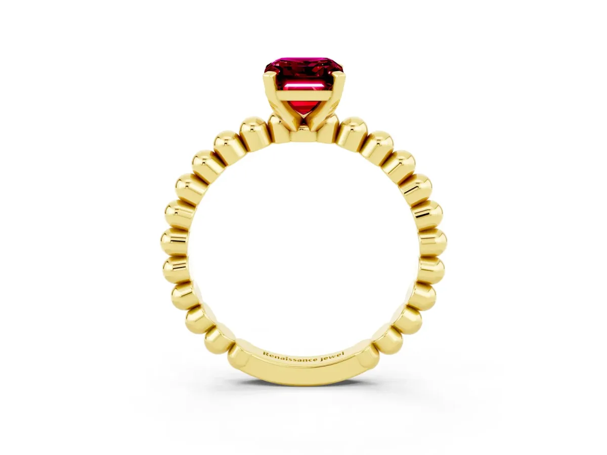 Emerald Cut Garnet Solitaire Ring with Beaded Band and Prong Setting Yellow gold