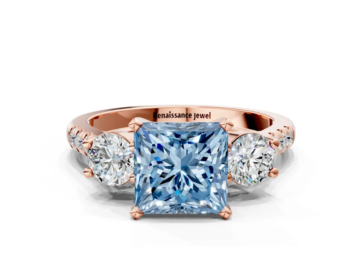 Fancy Blue Three-Stone Princess Cut Diamond Pavé Band with Four-Prong Setting Rose gold