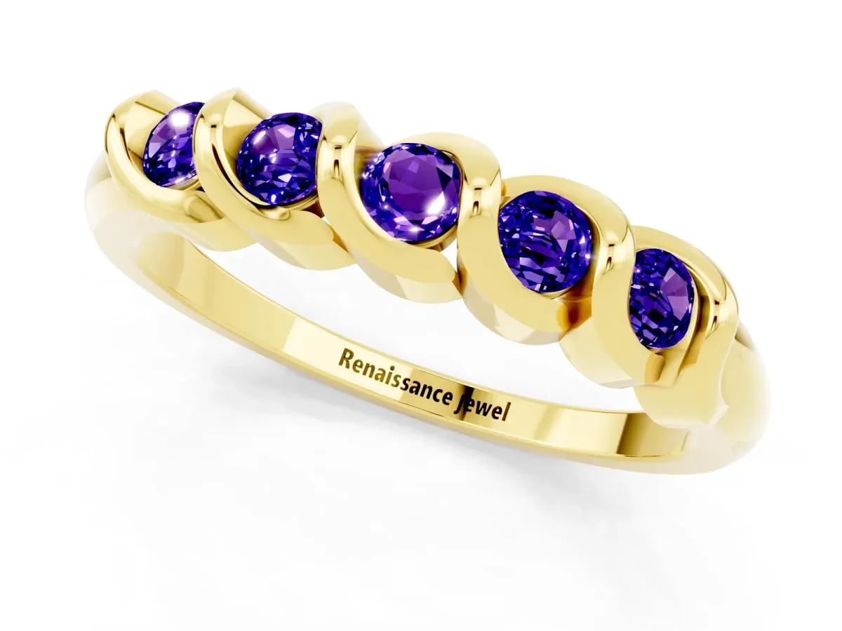 Round Tanzanite Eternity Band with Twist Prong Setting Yellow gold