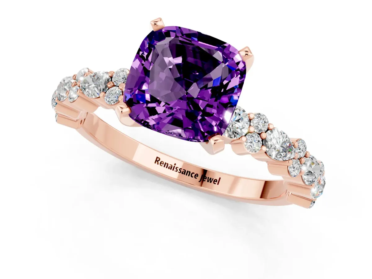 Cushion Cut Amethyst Side Stone Solitaire Ring with Round and Four-Prong Setting Rose gold