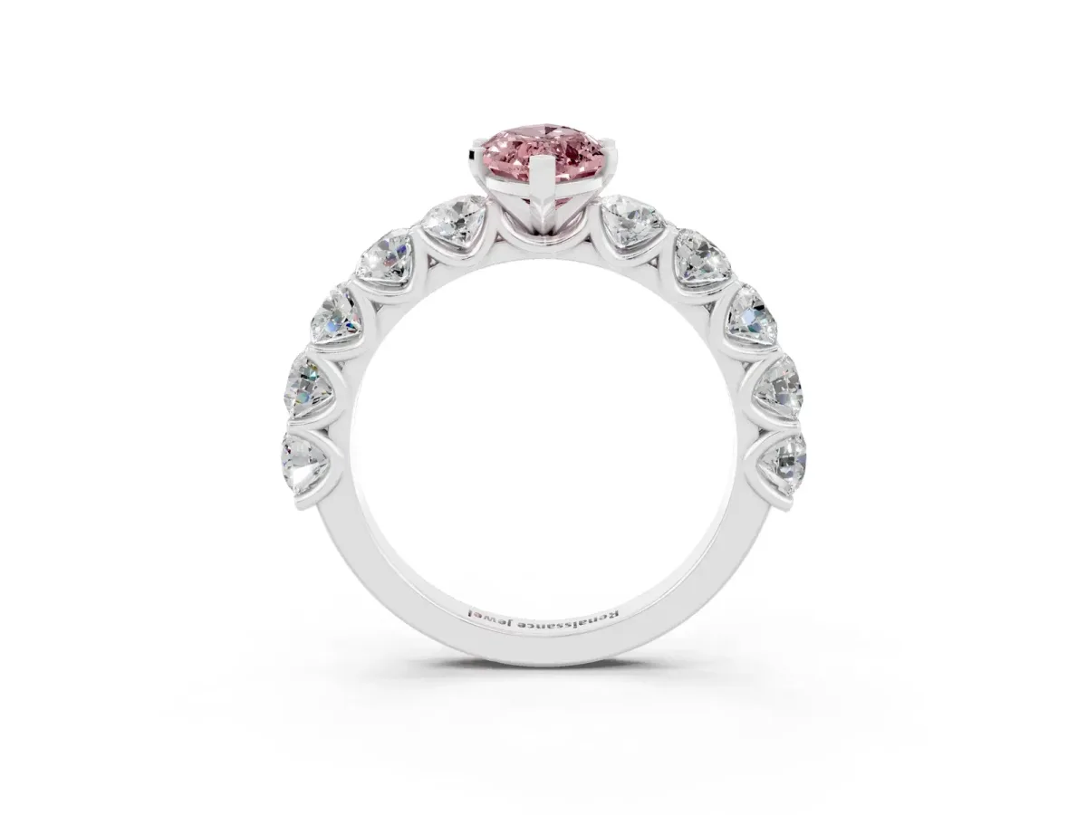 Marquise Cut Morganite Prong Setting with Side Stones on a Pave Band Silver