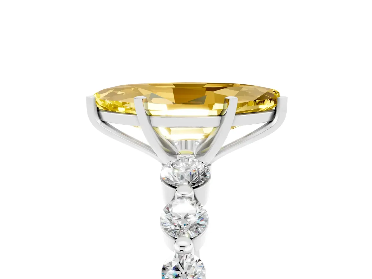 Marquise Cut Solitaire Yellow Sapphire Ring with Pave Band and Four-Prong Setting Silver