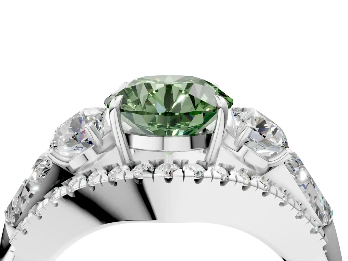 Fancy Green Three-Stone Round Cut Diamond Engagement Ring with Pave Band and Prong Setting Platinum