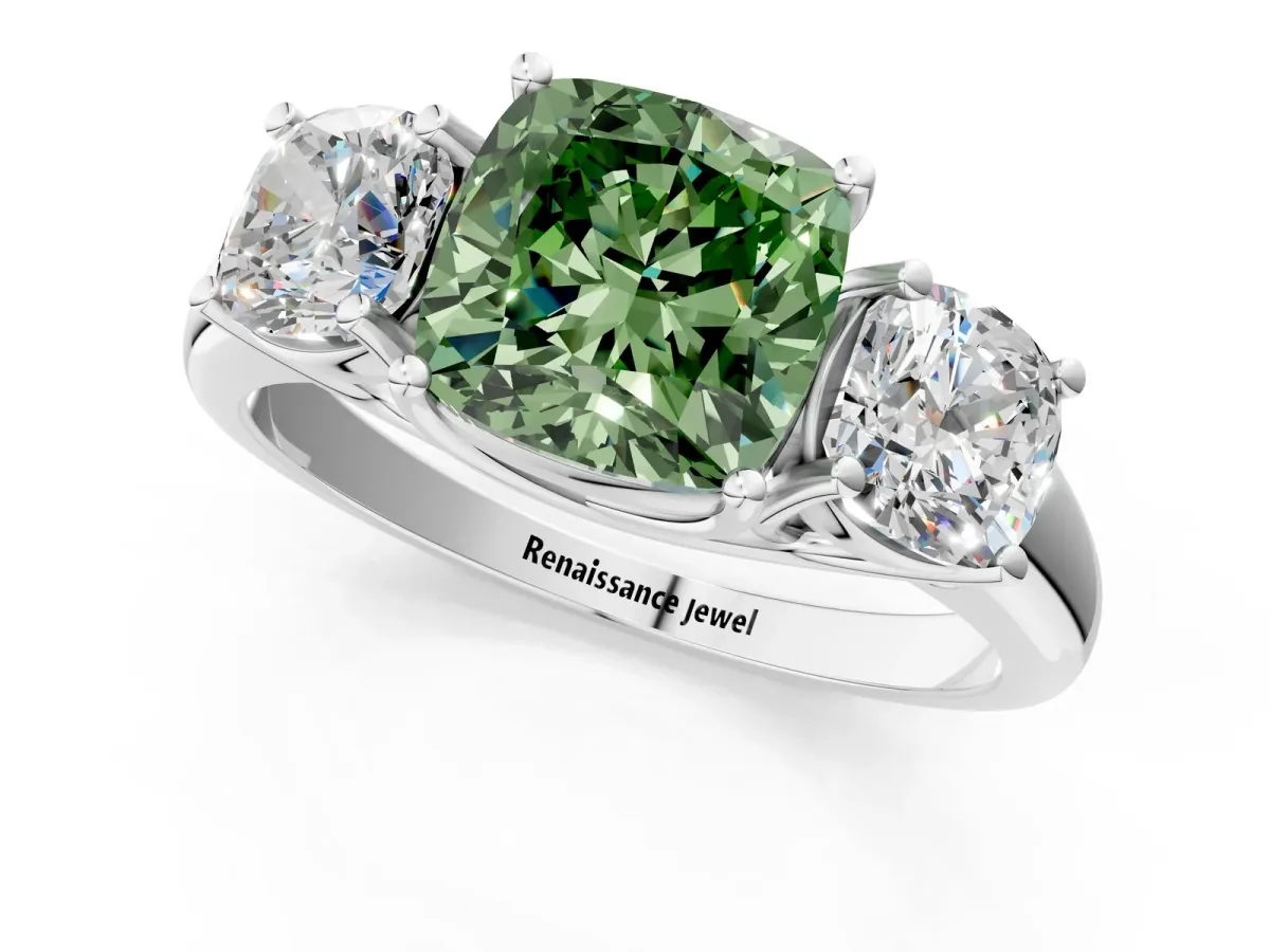 Fancy Green Three-Stone Cushion Cut Diamond Engagement Ring with Prong Setting White gold