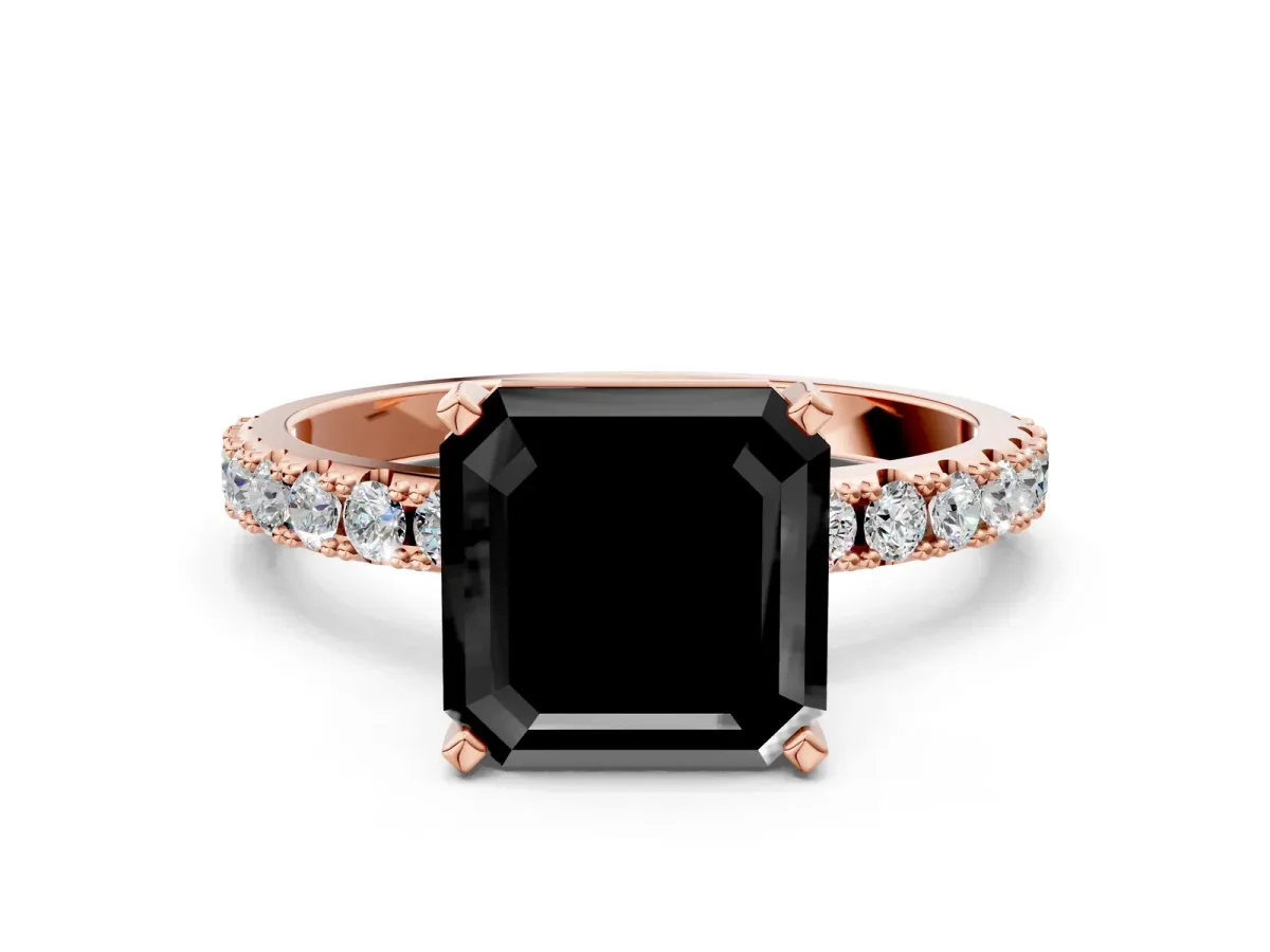 Fancy Black Asscher Cut Diamond Solitaire Pavé Band with Four-Prong Setting Rose gold