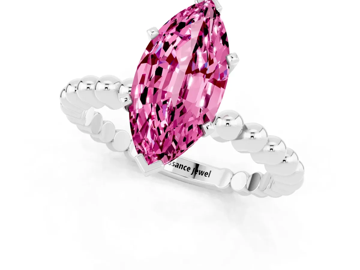 Marquise Cut Pink Sapphire Solitaire Ring with Beaded Band and Prong Setting Silver