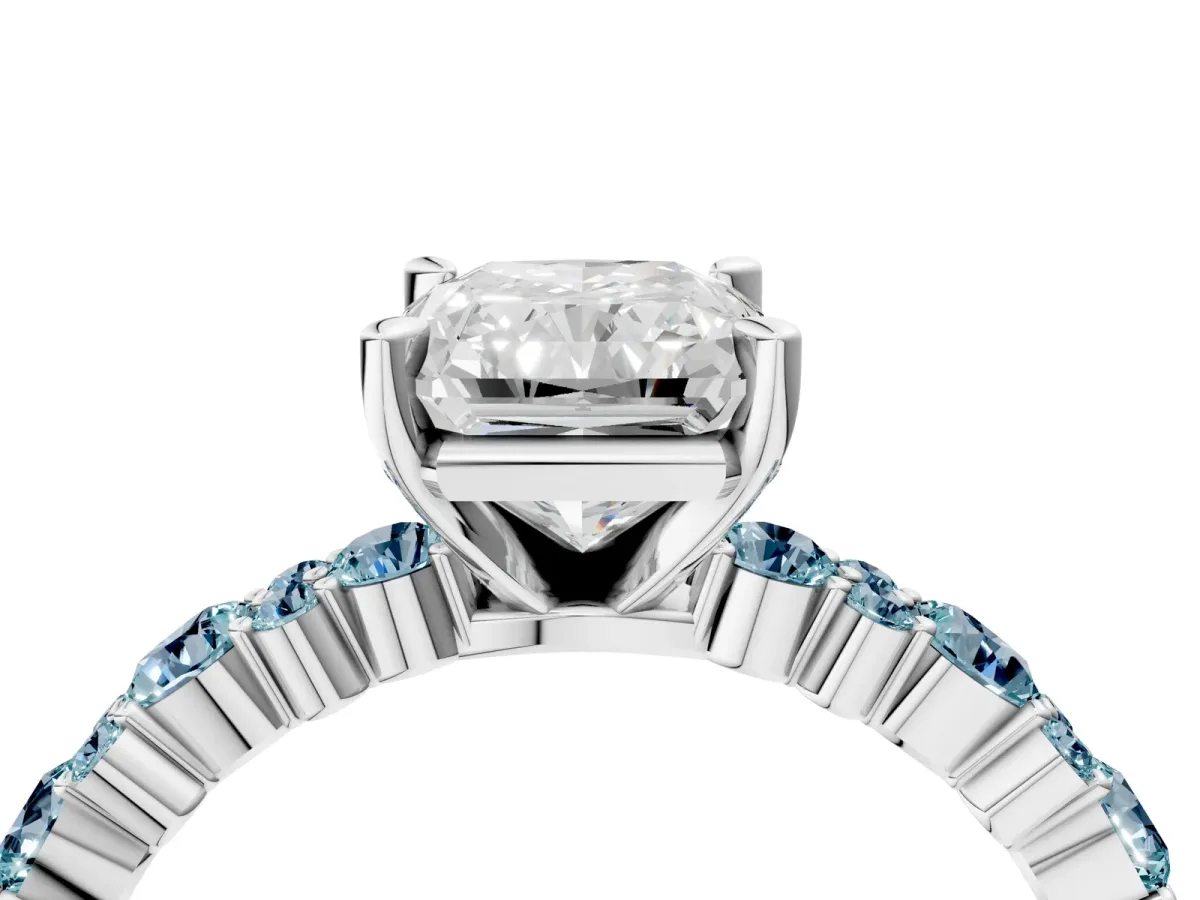 Radiant Cut Diamond Side Stone Solitaire Ring with Round Aquamarine and Four-Prong Setting Silver
