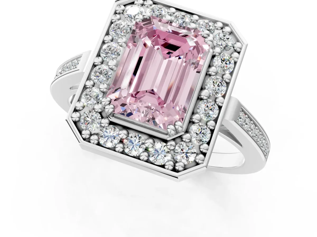 Fancy Pink Emerald Cut Diamond Halo Ring with Split Shank and Four-Prong Setting White gold