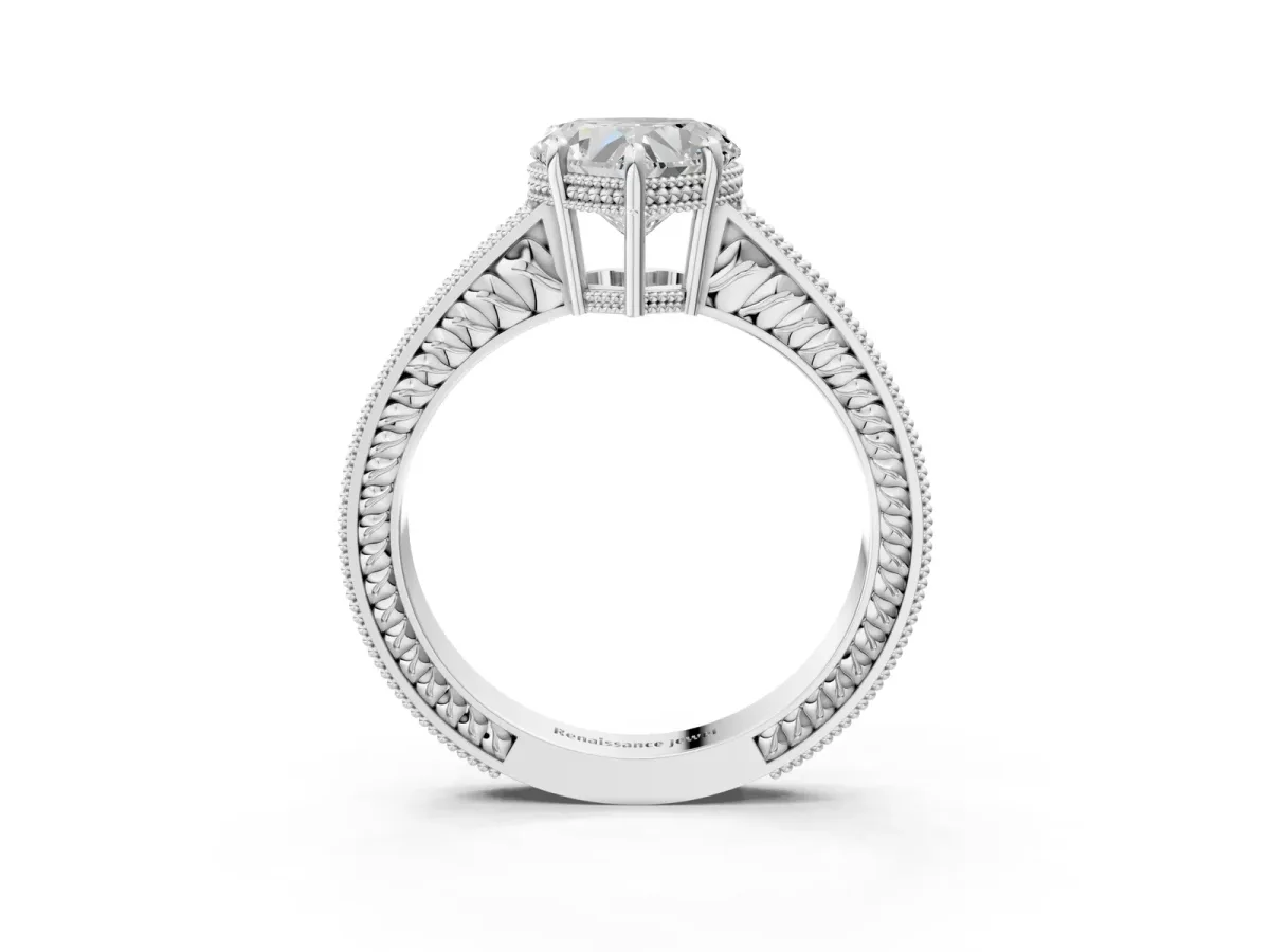 Heart Cut Diamond Ring with Milgrain Pavé Band and Four-Prong Setting Platinum