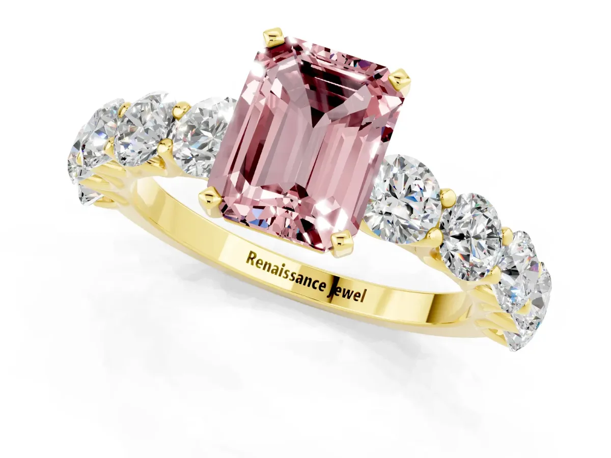 Emerald Cut Morganite Prong Setting with Side Stones on a Pave Band Yellow gold