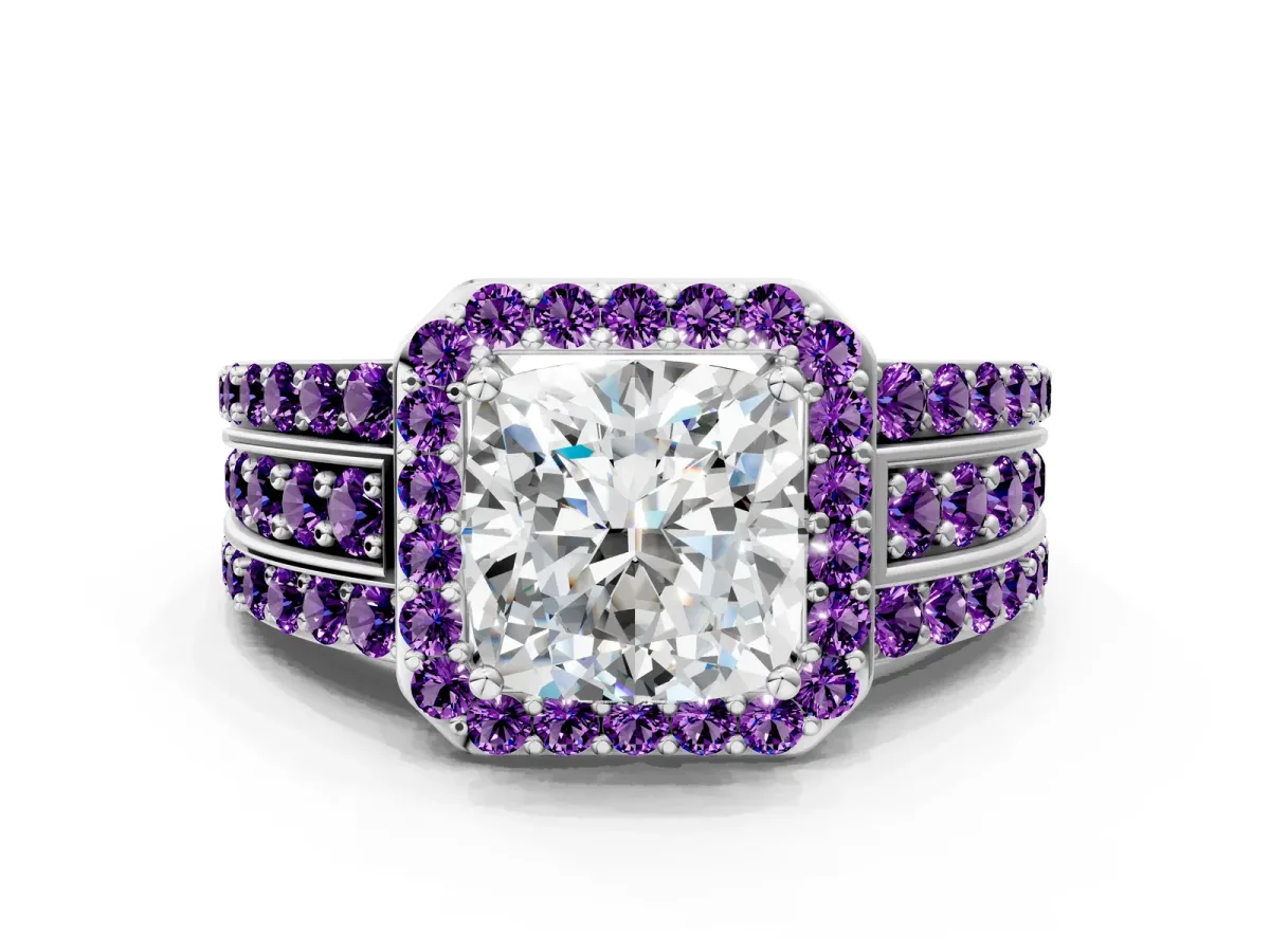 Cushion Cut Halo Diamond Ring with Round Amethyst Split Shank and Prong Setting Platinum