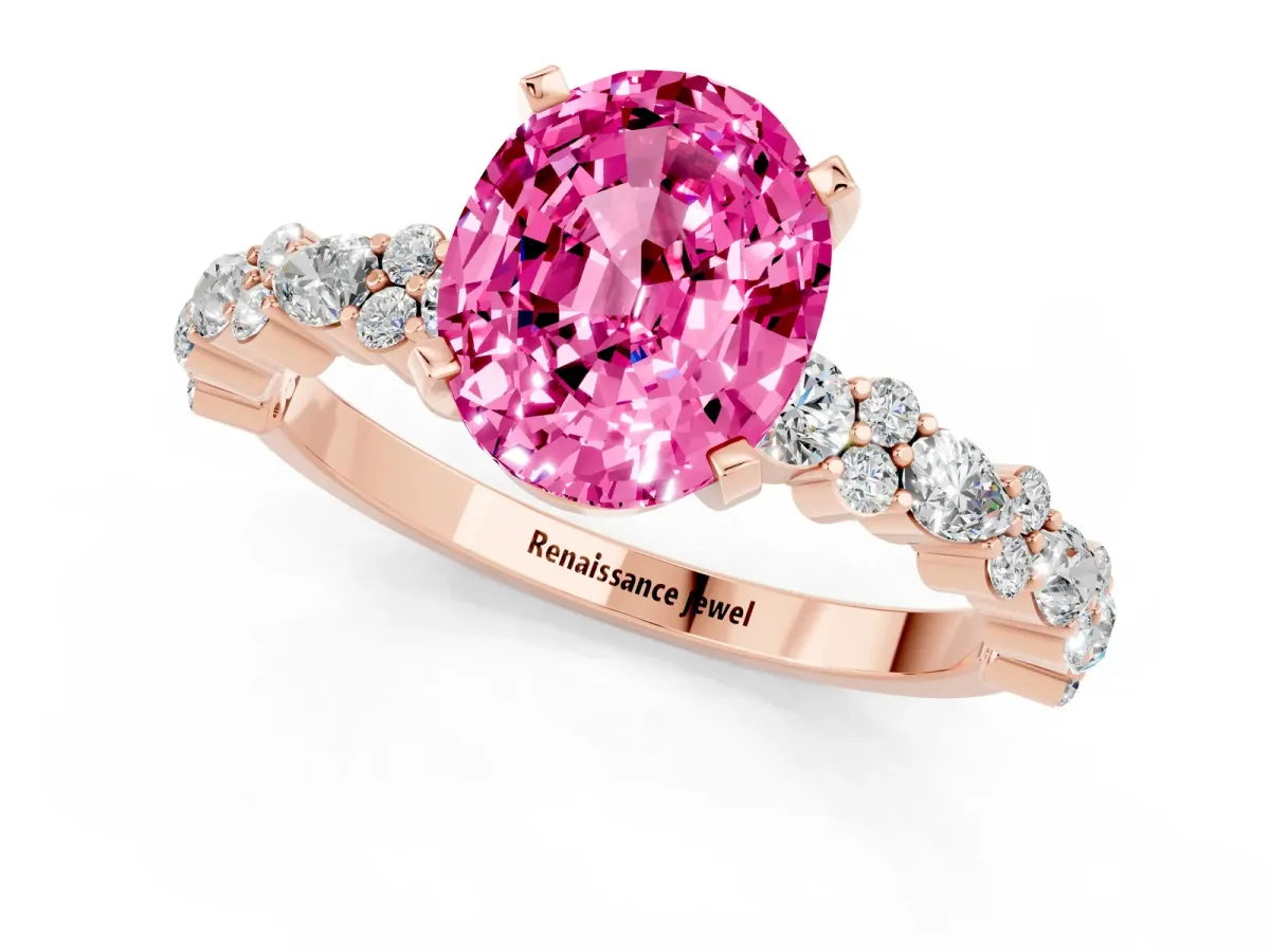 Oval Cut Pink Sapphire Side Stone Solitaire Ring with Round and Four-Prong Setting Rose gold