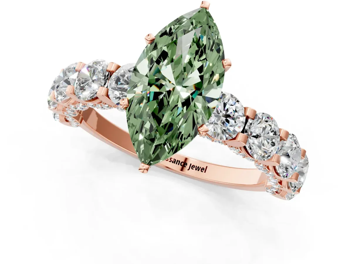 Fancy Green Marquise Cut Diamond Side Stone Engagement Ring with Four-Prong Setting Rose gold
