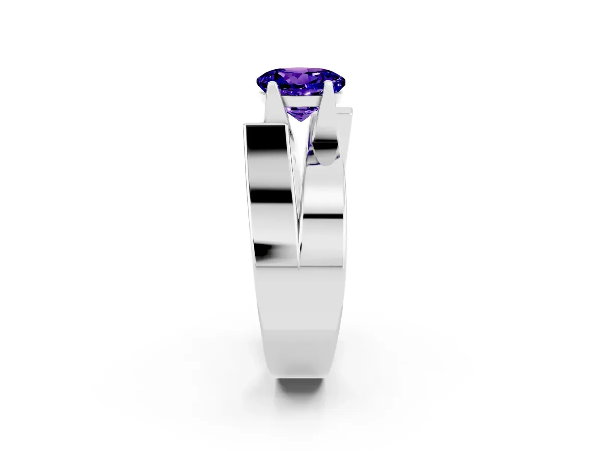 Modern Tension Set Round Cut Tanzanite Solitaire Wide Band Ring Silver