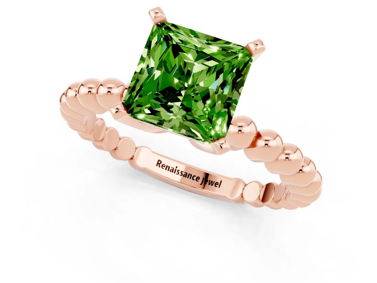 Princess Cut Peridot Solitaire Ring with Beaded Band and Prong Setting Rose gold