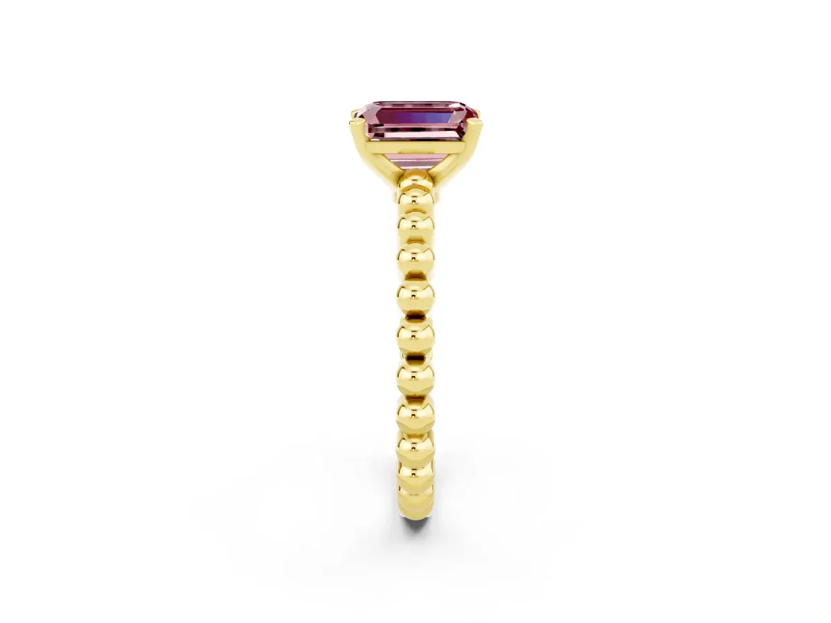 Emerald Cut Morganite Solitaire Ring with Beaded Band and Prong Setting Yellow gold