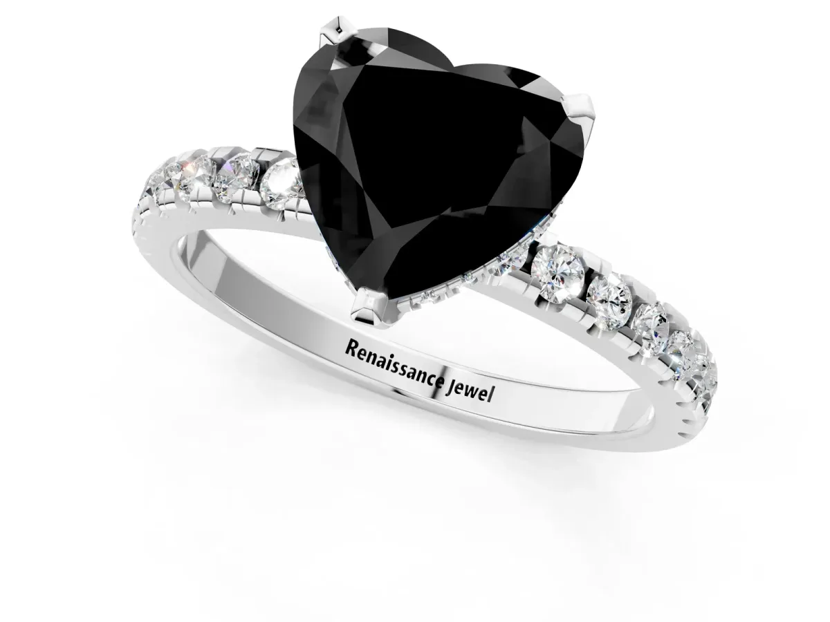 Fancy Black Heart Cut Diamond Solitaire Ring with Round Pavé Band and Four-Prong Setting Silver