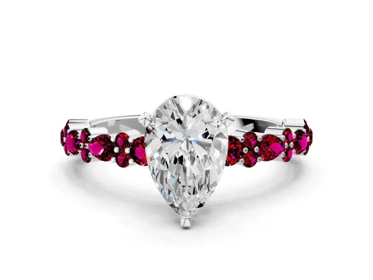 Pear Cut Diamond Side Stone Solitaire Ring with Round Garnet and Four-Prong Setting White gold