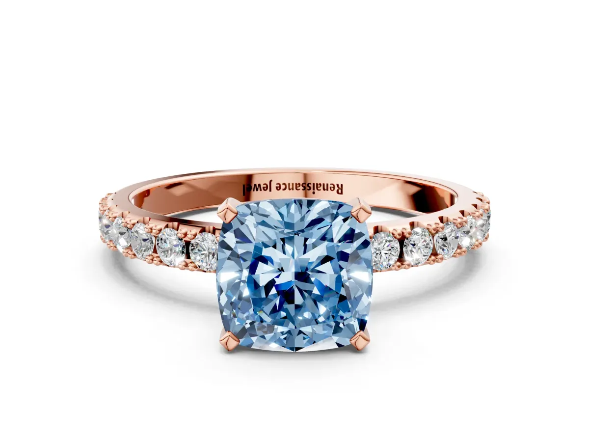 Fancy Blue Cushion Cut Diamond Solitaire Pavé Band with Four-Prong Setting Rose gold