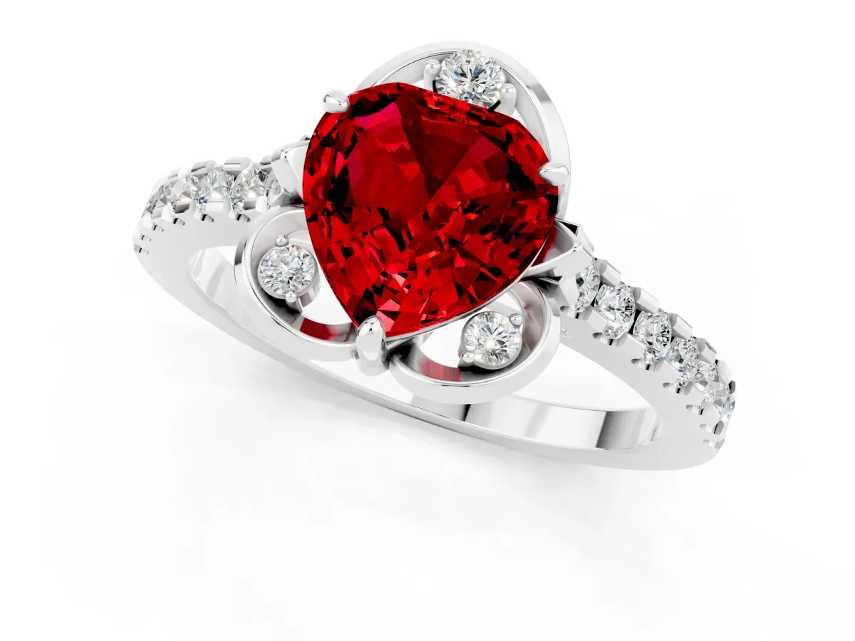 Heart Cut Ruby Ring with Pavé Band and Floral Prong Setting Silver