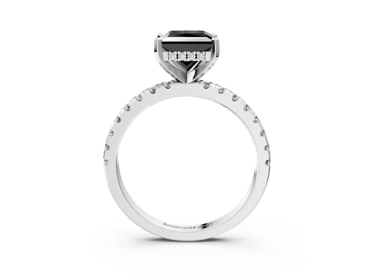 Fancy Black Princess Cut Diamond Solitaire Ring with Round Pavé Band and Four-Prong Setting Silver