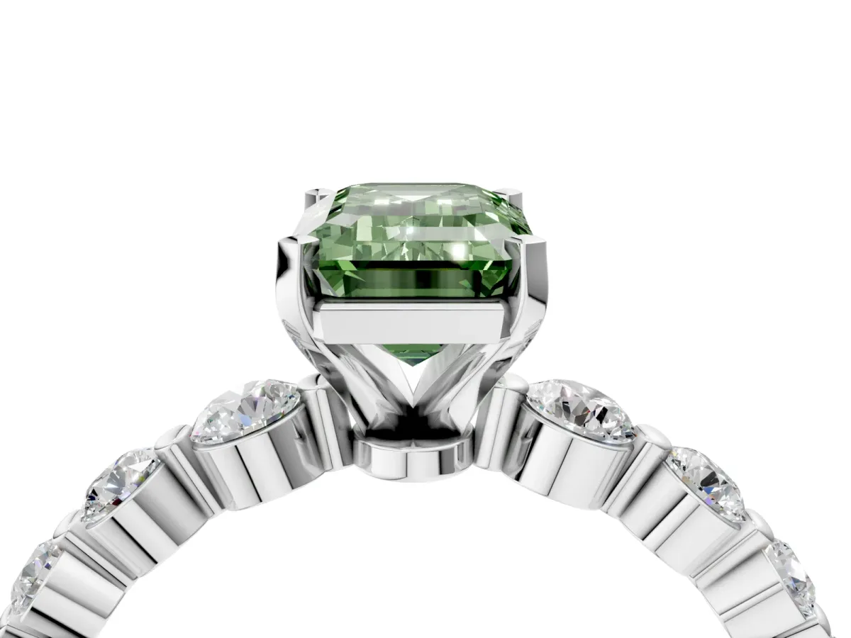 Fancy Green Emerald Cut Solitaire Diamond Ring with Pave Band and Four-Prong Setting Silver