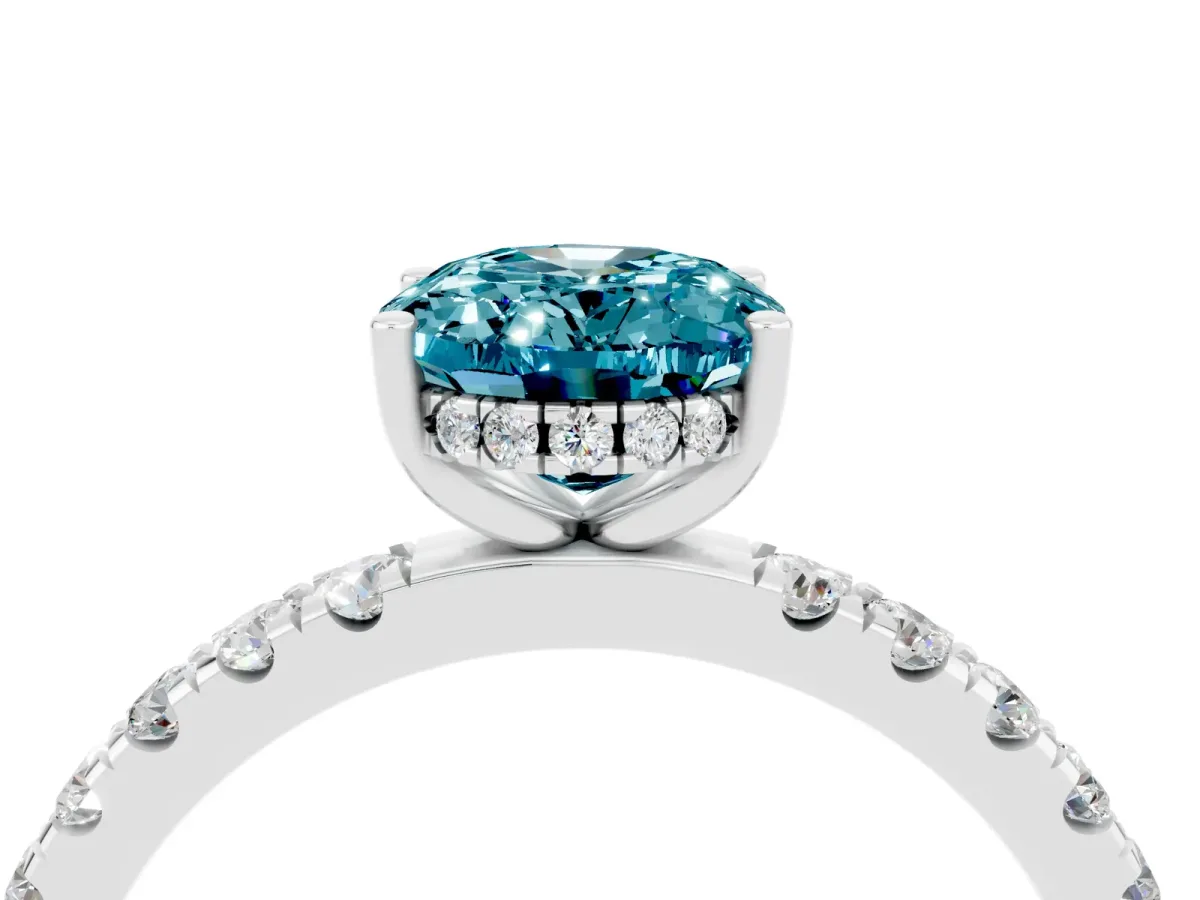 Oval Cut Blue Topaz Pave Band Solitaire Ring with Round and Prong Setting Platinum