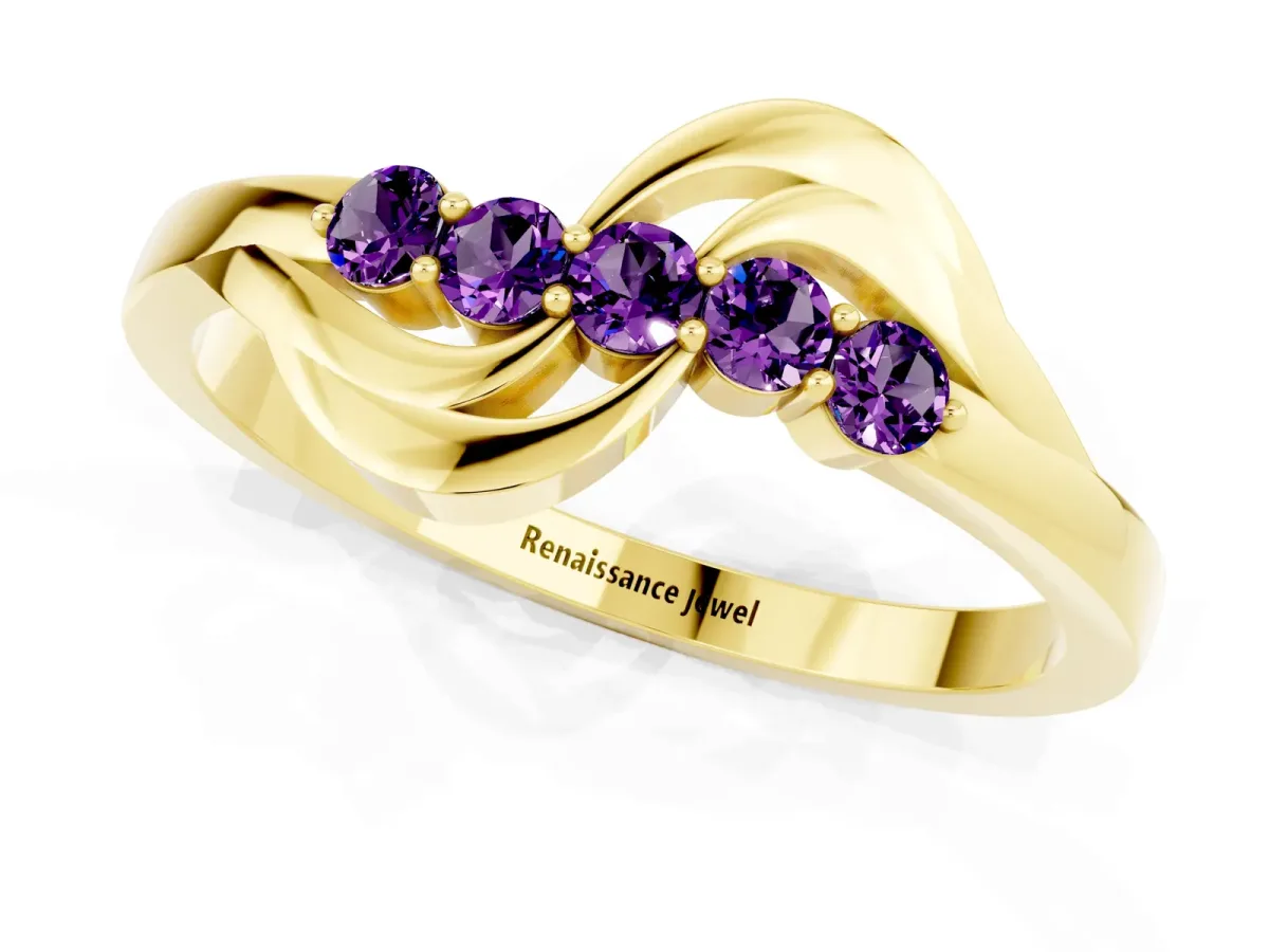 Five-Stone Round Amethyst Crossover Band with Prong Setting Yellow gold