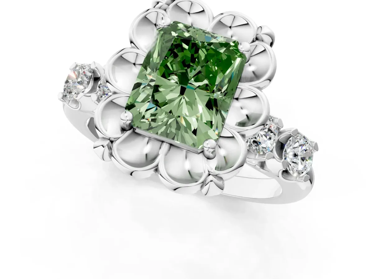 Fancy Green Radiant Cut Cut Diamond Floral Halo Engagement Ring with Shared Prong Setting Silver