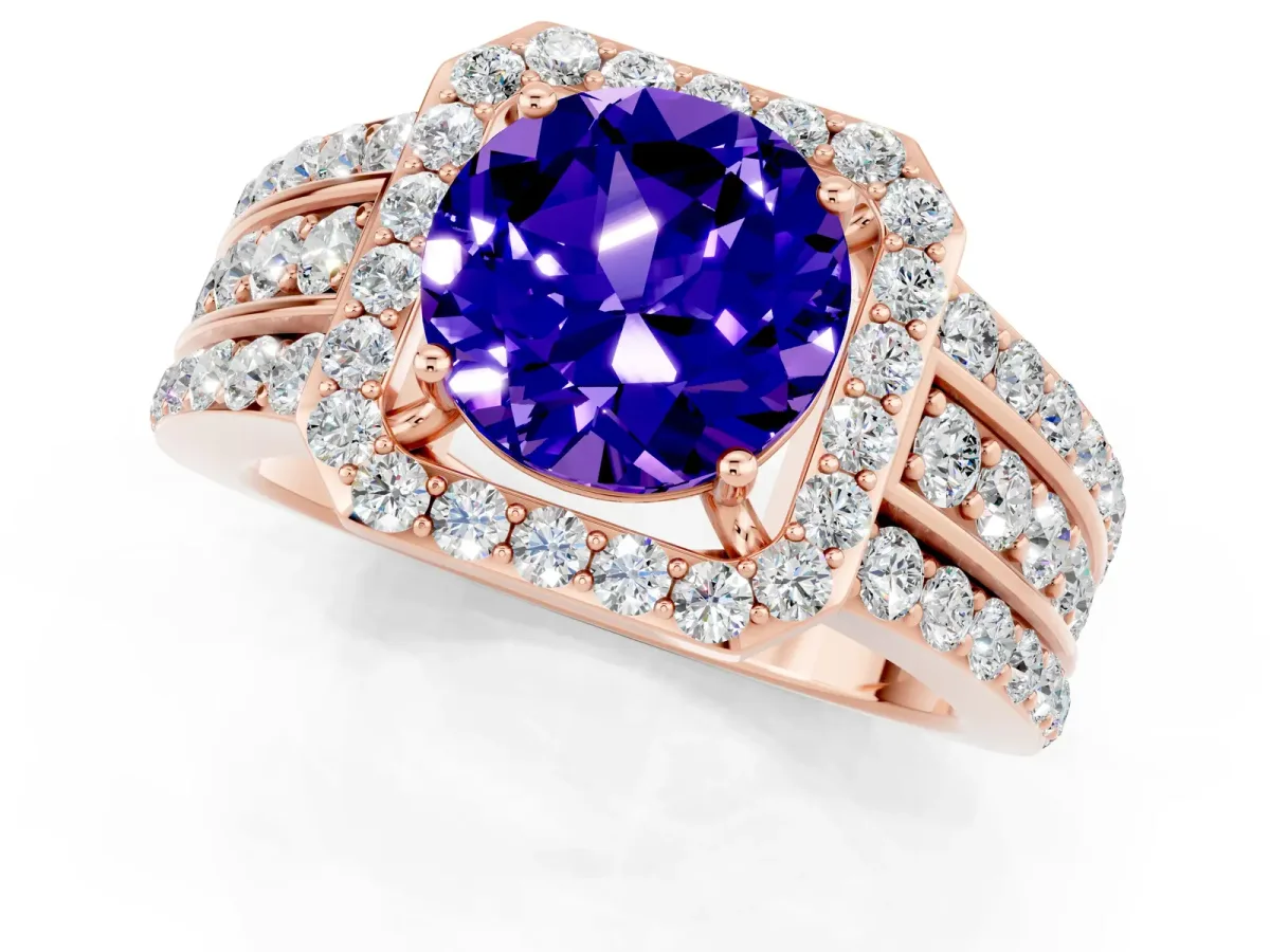 Round Cut Halo Tanzanite Ring with Round Split Shank and Prong Setting Rose gold