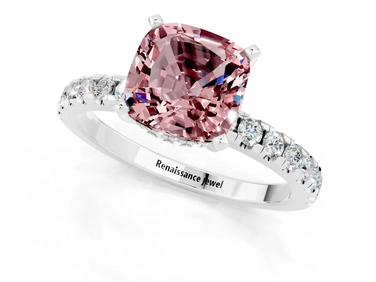 Cushion Cut Morganite Solitaire Ring with Round Pavé Band and Four-Prong Setting Silver
