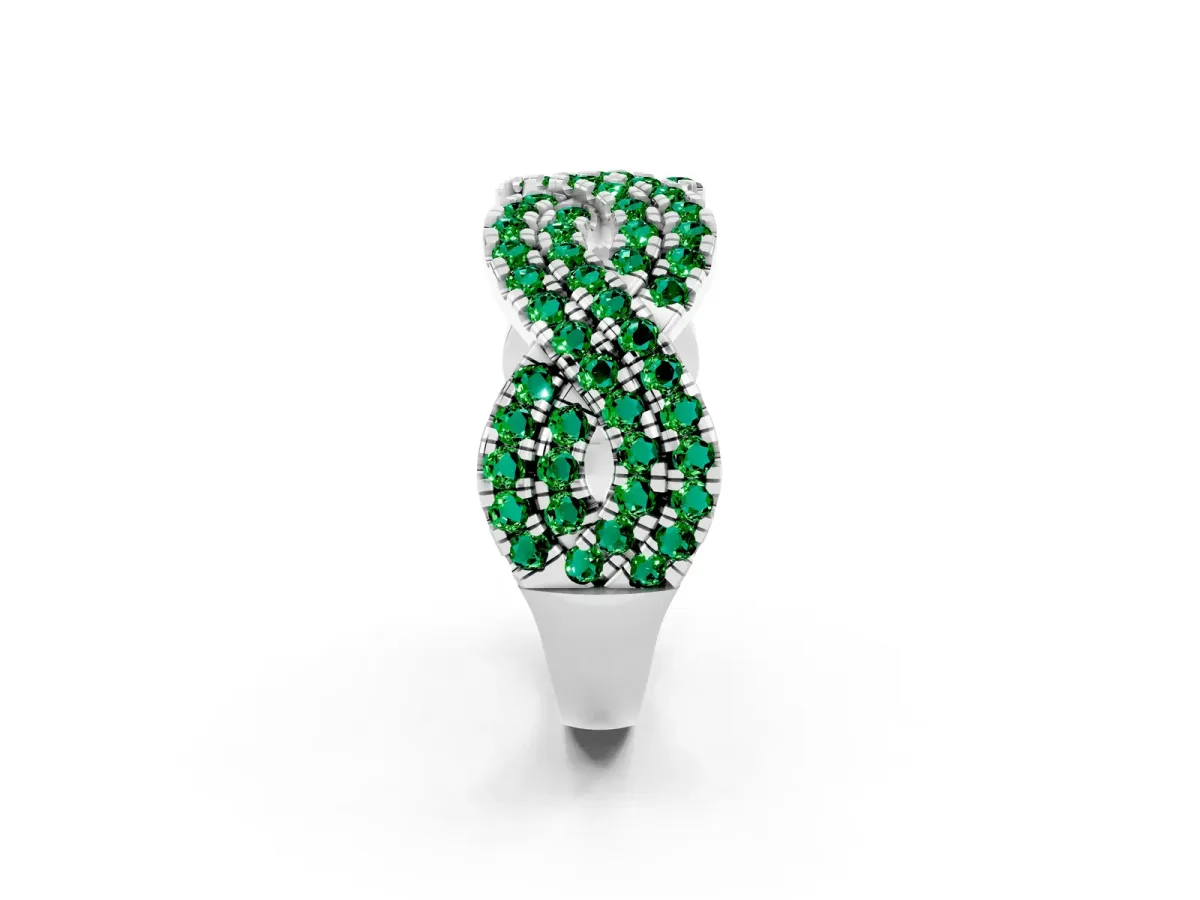 Pavé Round Emerald Infinity Twist Band with Shared Prong Setting Silver
