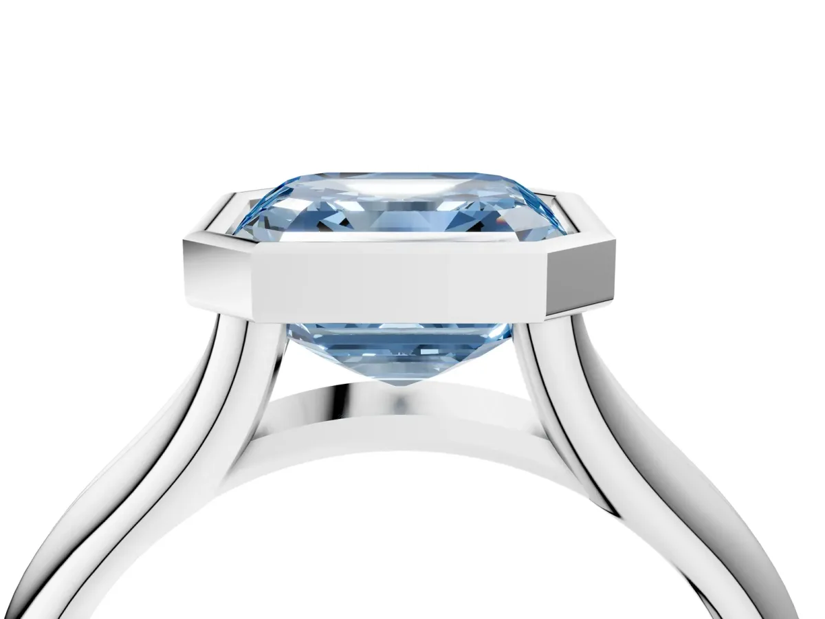 Fancy Blue Bezel Set Asscher Cut Solitaire Diamond Ring with Smooth Band Platinum
