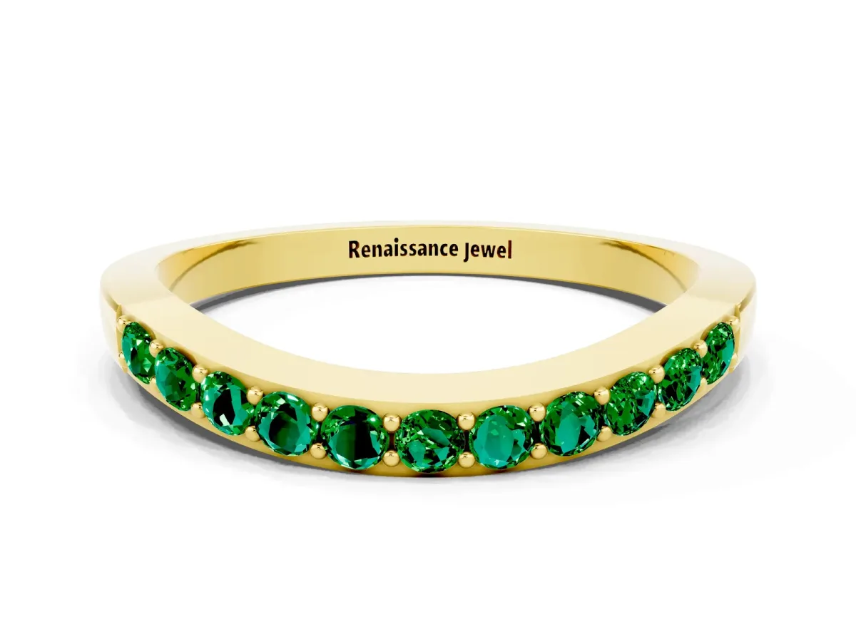 Round Emerald Curved Wedding Band with Channel Setting Yellow gold